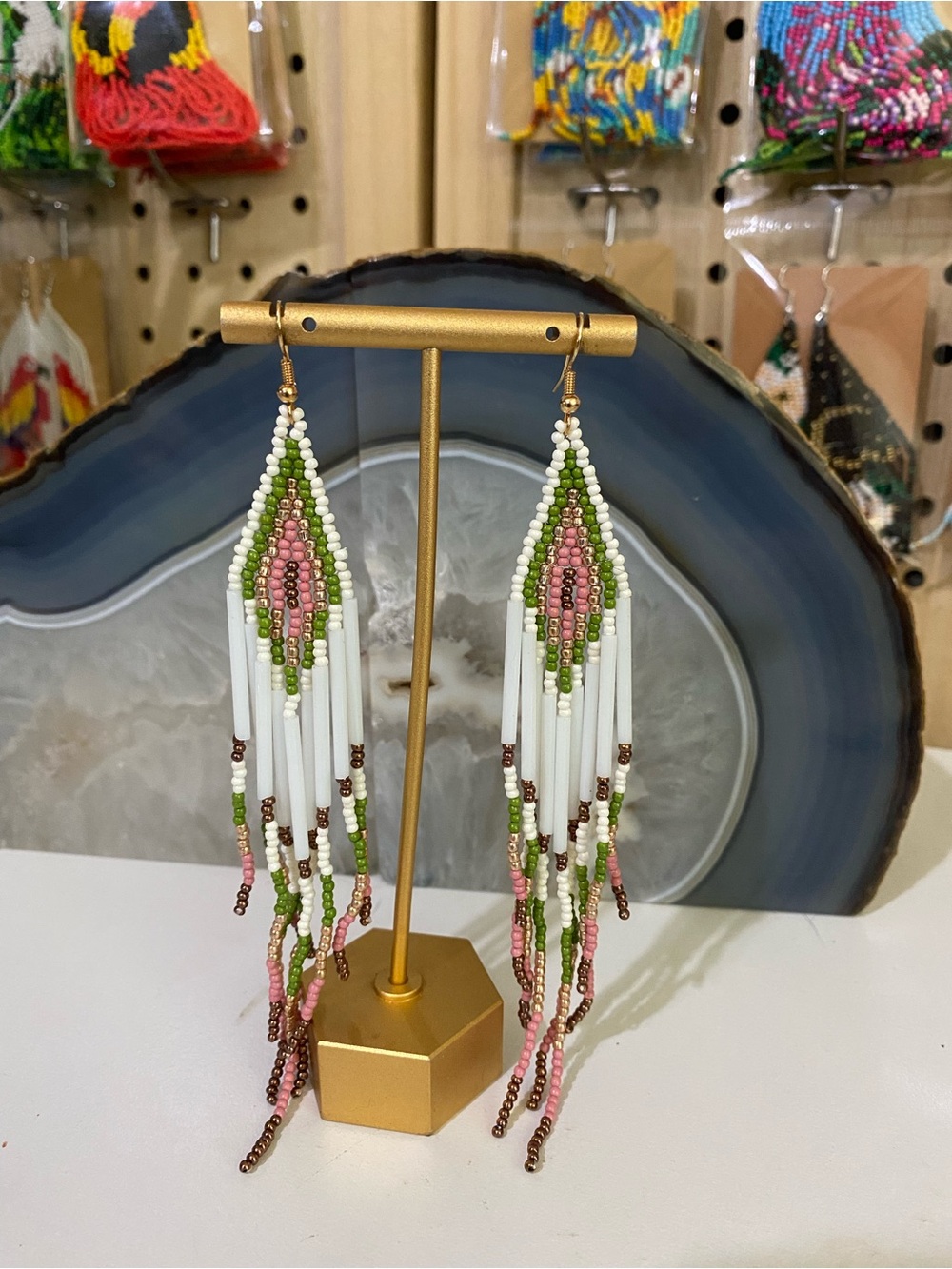 Boho Pink & Green Beaded Fringe Earrings